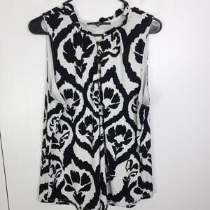 WHBM Top Women XL Popover Sleeveless Ruffle Neck Abstract Florals Neutral Office